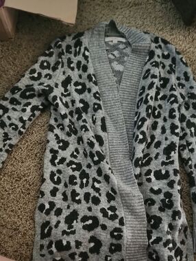 LOFT Gray and Black Leopard Open-Front Cardigan